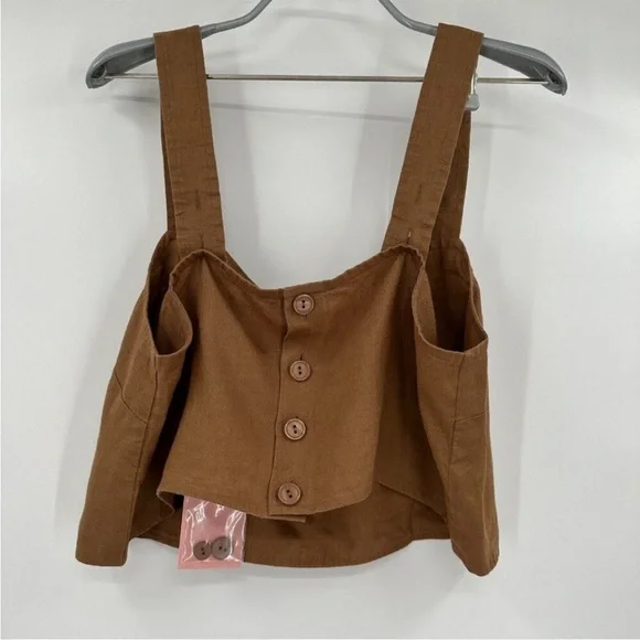 Quince Golden Brown Linen Boxy Cropped Tank sz L Women's Flax Top - Picture 2 of 2